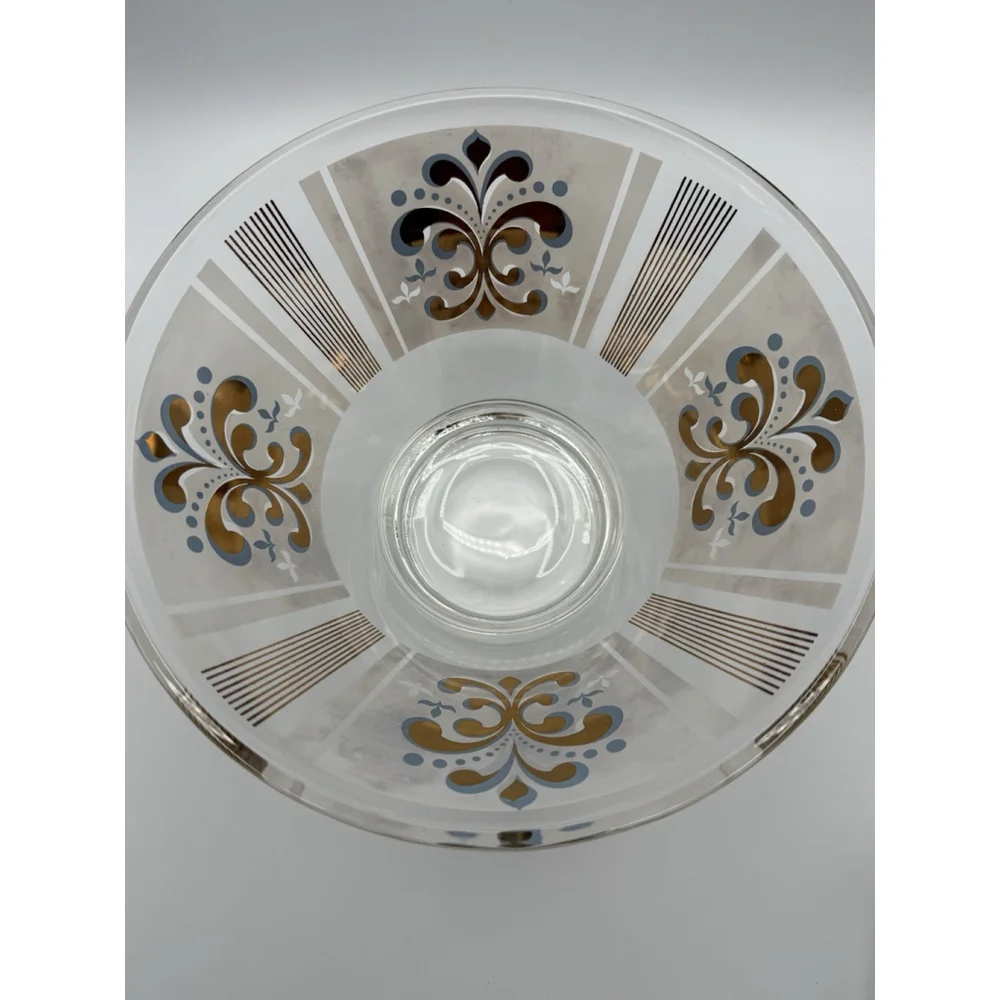 Vintage Anchor Hocking Chip Dip Bowl Set Fleur De Lis Gold White MCM 1960s Glass